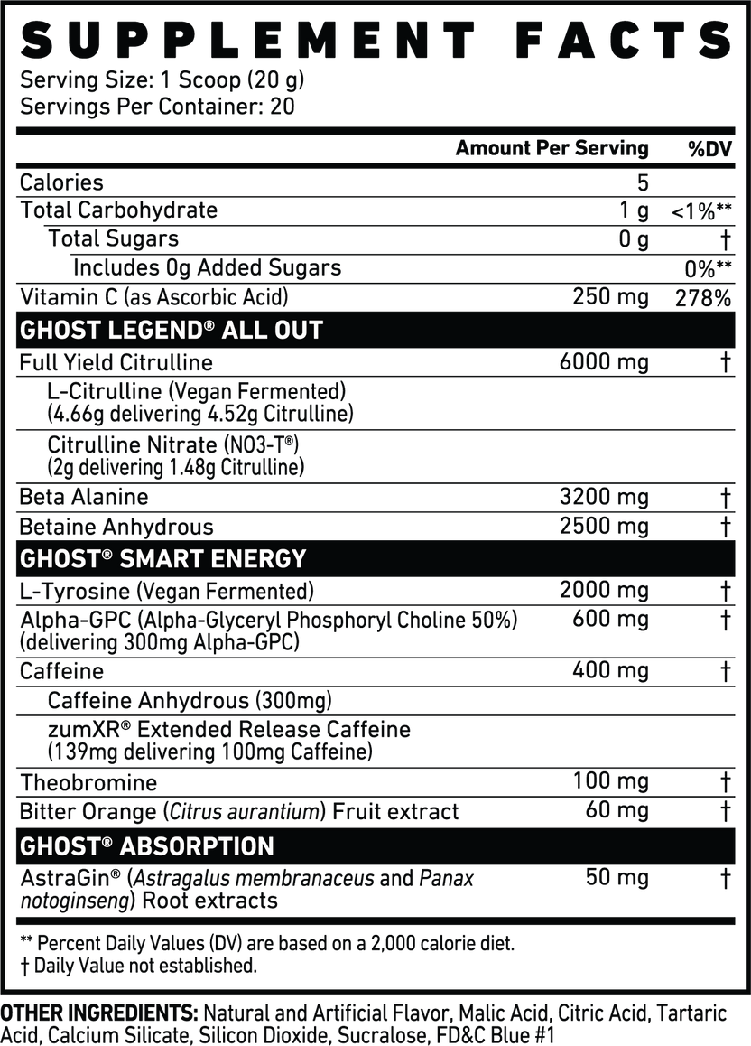 GHOST LEGEND® ALL OUT BLUE RASPBERRY HIGHSTIM PREWORKOUT SUPPLEMENT