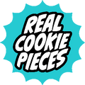 Text 'REAL COOKIE PIECES' on a blue starburst background
