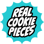 Text 'REAL COOKIE PIECES' on a blue starburst background