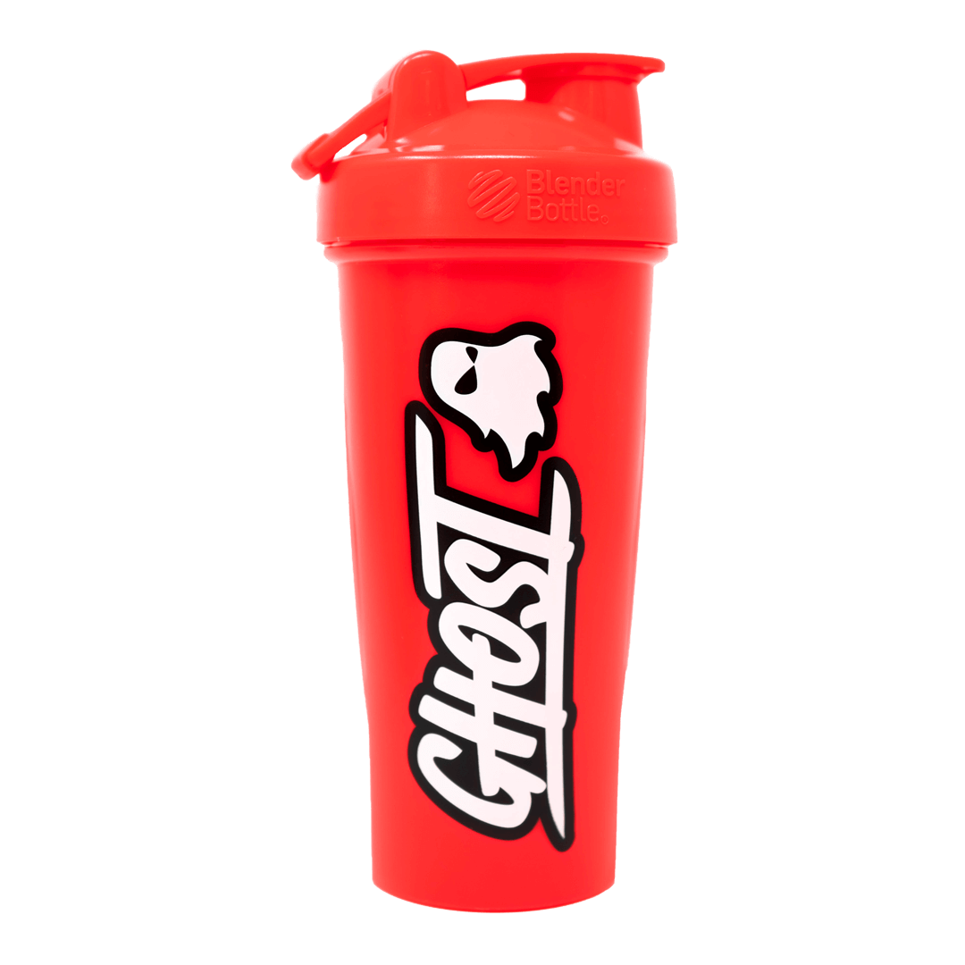 A red blender bottle with white text and a ghost logo